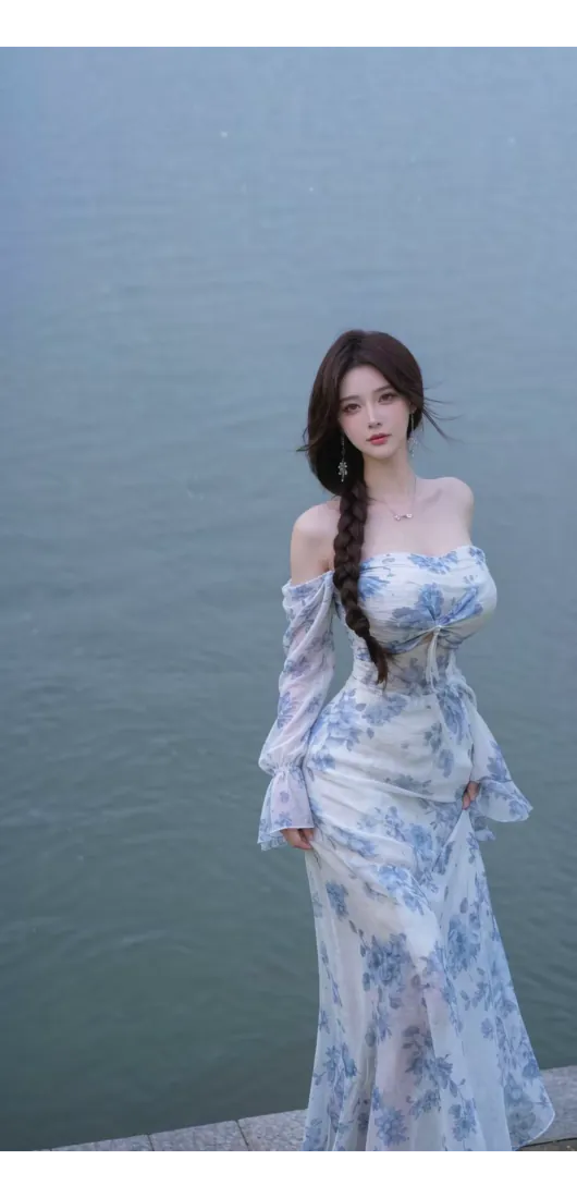 青花瓷长裙美女手机壁纸｜湖边清冷背景图片 - 露肩鱼尾长裙「哲风壁纸」