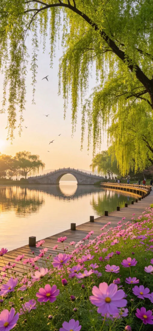 湖畔石拱桥风景手机壁纸｜垂柳格桑花背景图片 - 江南水岸晨光「哲风壁纸」