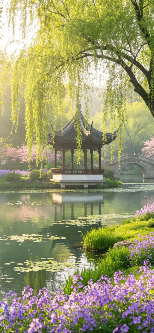 中式园林湖景手机壁纸｜夏日背景图片 - 垂柳古亭紫花绿水「哲风壁纸」