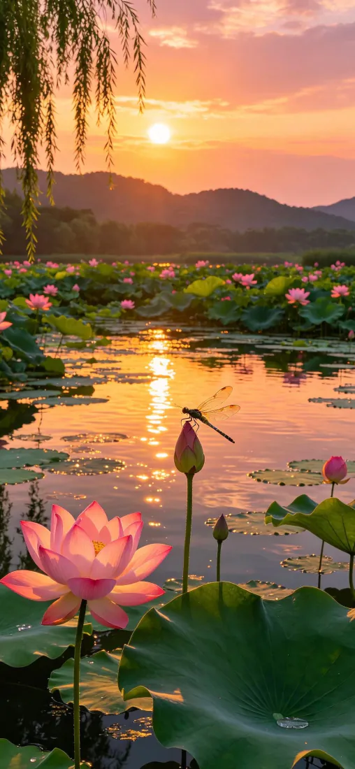 夕阳荷花手机壁纸｜荷塘背景图片 - 蜻蜓落日山水风光「哲风壁纸」