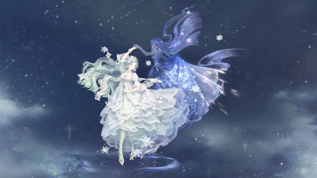 4k奇迹暖暖壁纸｜蓝白双生礼服背景图片 - 雪夜精灵「哲风壁纸」