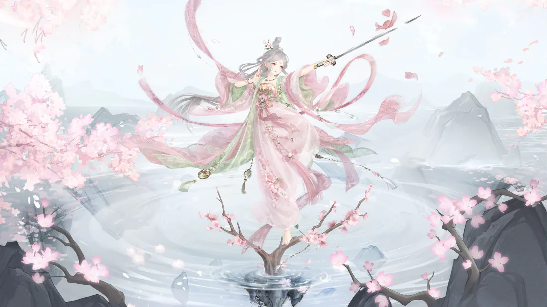4k奇迹暖暖壁纸｜古风粉衣舞剑少女 - 桃花山水背景图片「哲风壁纸」