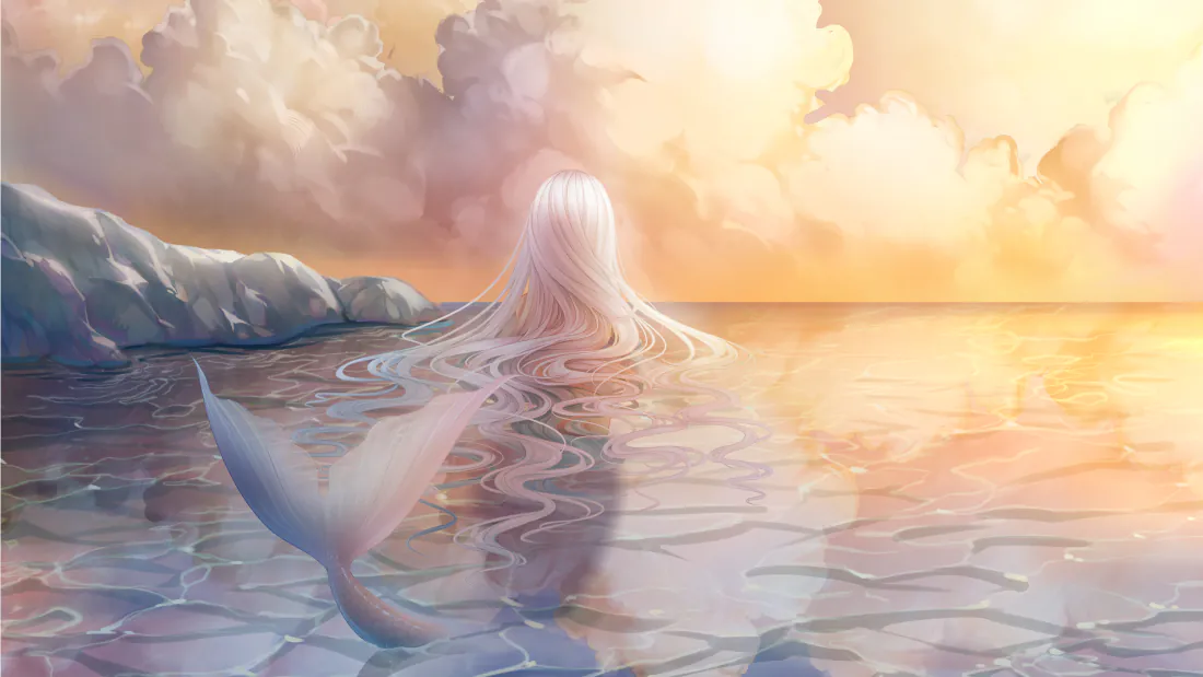4k奇迹暖暖壁纸｜人鱼背景图片 - 日落海面梦幻插画「哲风壁纸」