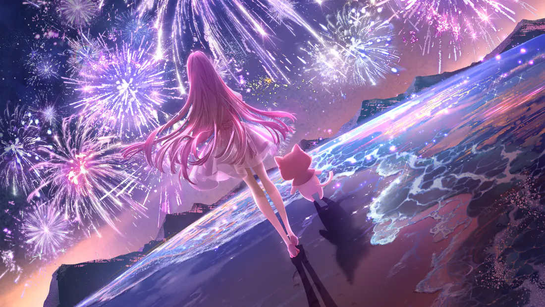 4k暖暖壁纸｜烟花星河背景图片 - 粉发少女与大喵「哲风壁纸」