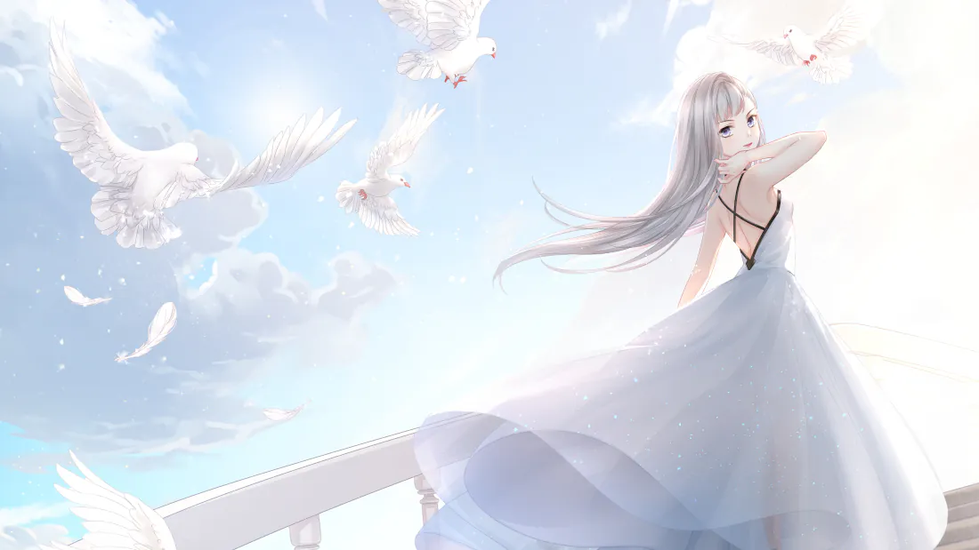 4k奇迹暖暖壁纸｜蓝天白云背景 - 银发白裙白鸽少女「哲风壁纸」