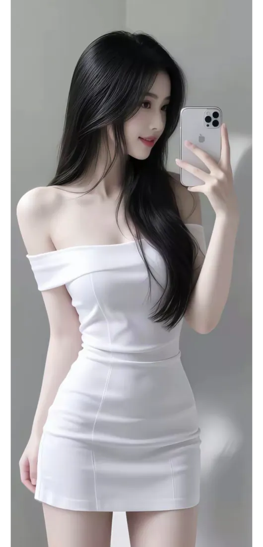 白裙美女手机壁纸｜对镜自拍背景图片 - 露肩包臀裙长发美女「哲风壁纸」