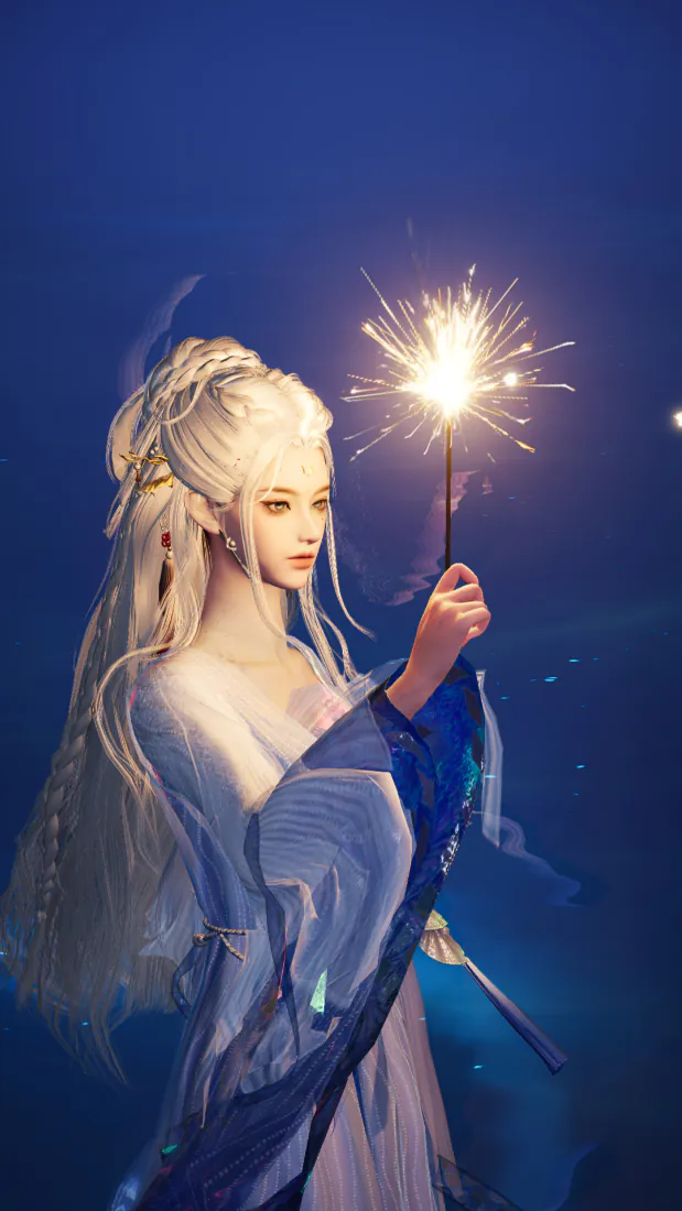 少东家手机壁纸｜燕云十六声背景图片 - 白发古风仙女手持烟花蓝衣夜景「哲风壁纸」