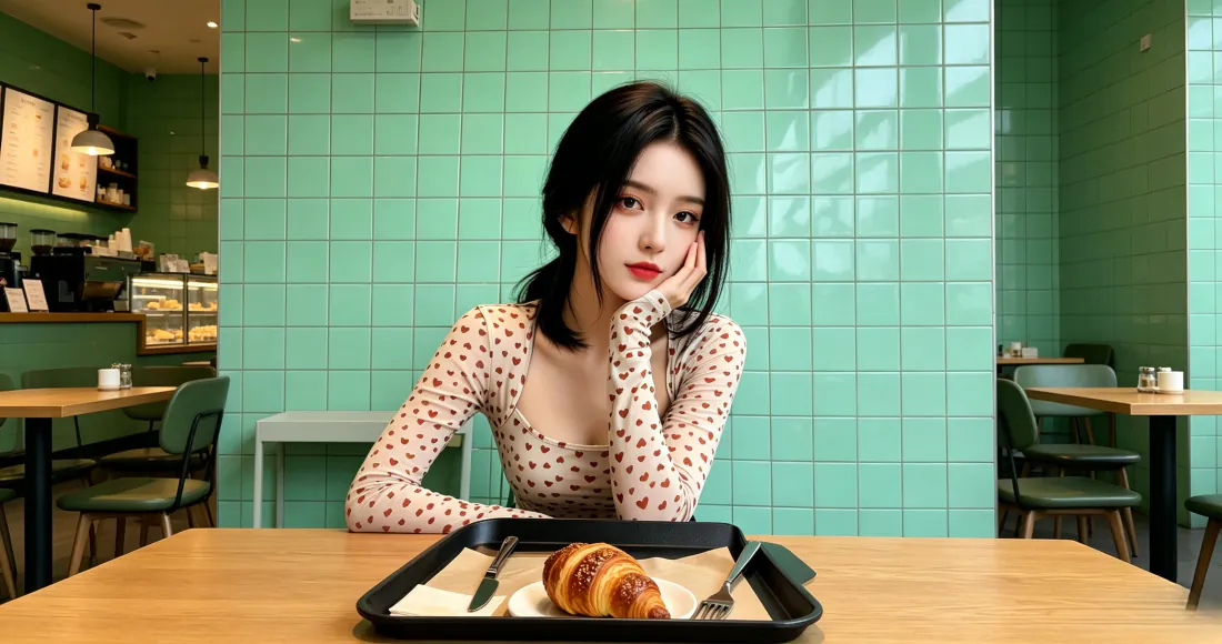3k咖啡店少女壁纸｜绿色瓷砖背景 - 波点上衣牛角包写真「哲风壁纸」