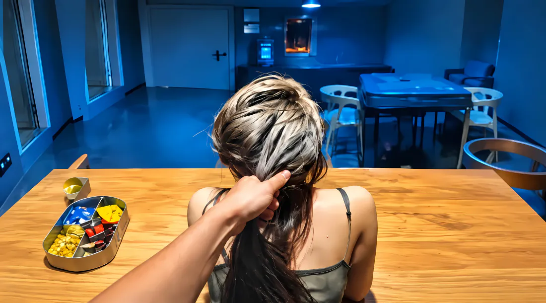 4k吊带美女背影壁纸｜蓝色室内背景图片 - 木桌零食「哲风壁纸」