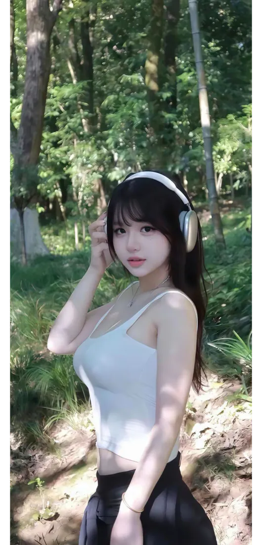 白衣耳机少女手机壁纸｜林间阳光背景图片 - 清新户外人像「哲风壁纸」
