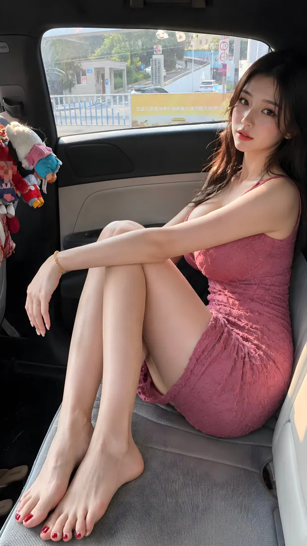 粉裙美女手机壁纸｜车内人像背景图片 - 吊带短裙长腿写真「哲风壁纸」