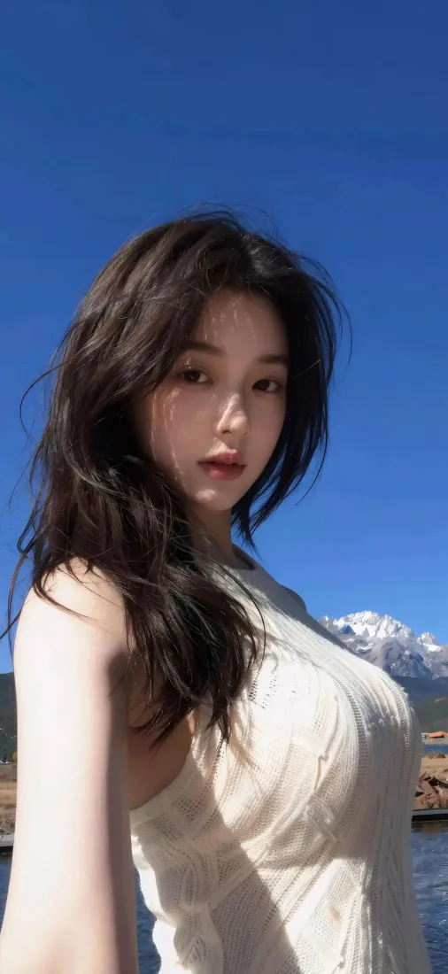 雪山湖畔白衣美女手机壁纸｜蓝天背景图片 - 户外氛围感长发少女写真「哲风壁纸」