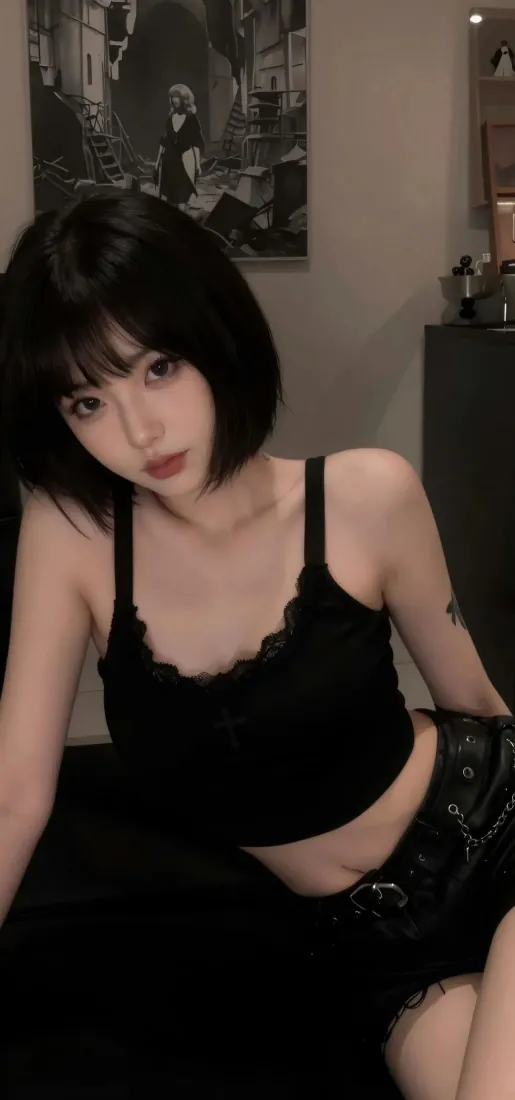 短发酷感美女手机壁纸｜黑色吊带背景图片 - 居家辣妹风人像「哲风壁纸」