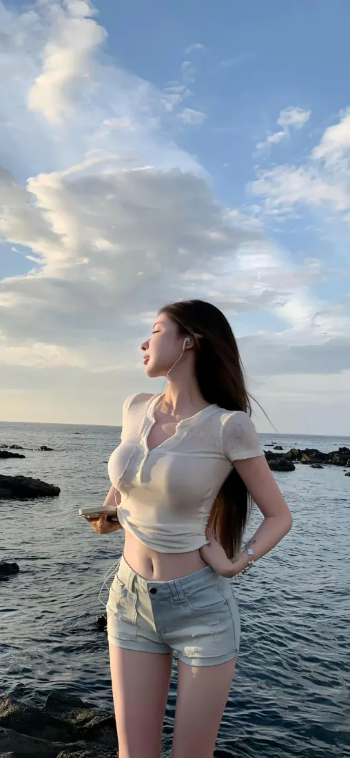 海边美女手机壁纸｜背景图片 - 白T恤牛仔短裤夏日海边人像「哲风壁纸」