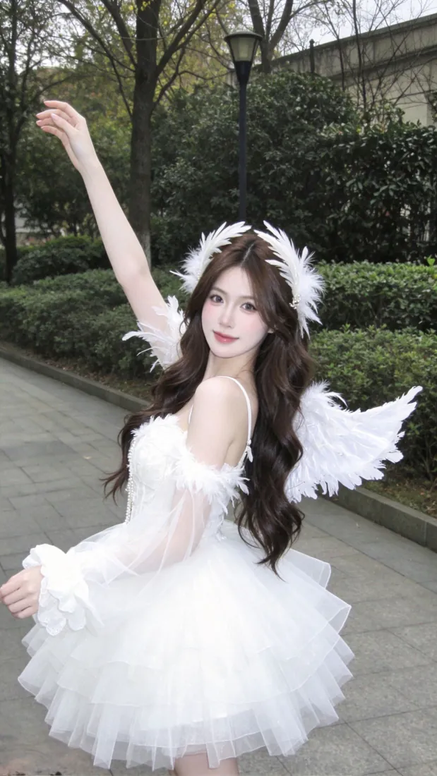 白天使美女手机壁纸｜户外公园背景图片 - 白纱裙羽毛造型少女写真「哲风壁纸」