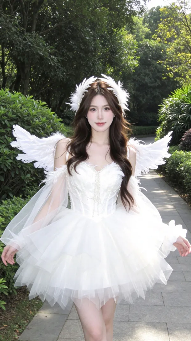 天使装扮美女手机壁纸｜林间小路背景图片 - 白纱裙翅膀少女「哲风壁纸」