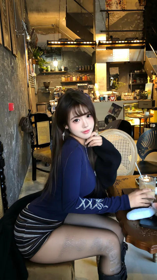 蓝衣黑丝美女｜咖啡馆背景图片 - 长发少女坐姿写真「哲风壁纸」