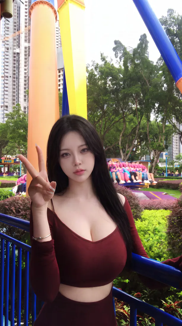红衣美女手机壁纸｜游乐园背景图片 - 黑长发比耶自拍「哲风壁纸」