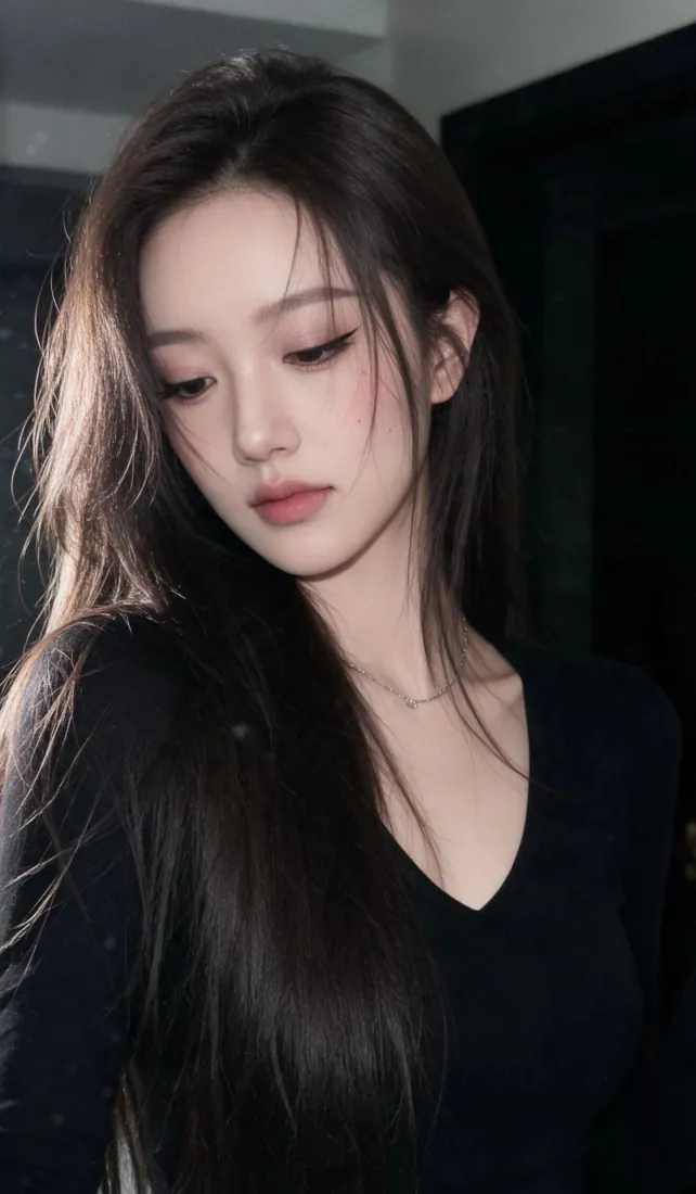 长发黑衣美女手机壁纸｜暗调背景图片 - 冷感氛围感人像「哲风壁纸」