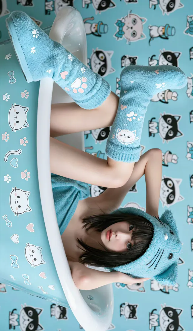 猫咪少女手机壁纸｜背景图片 - 蓝色浴缸可爱写真「哲风壁纸」