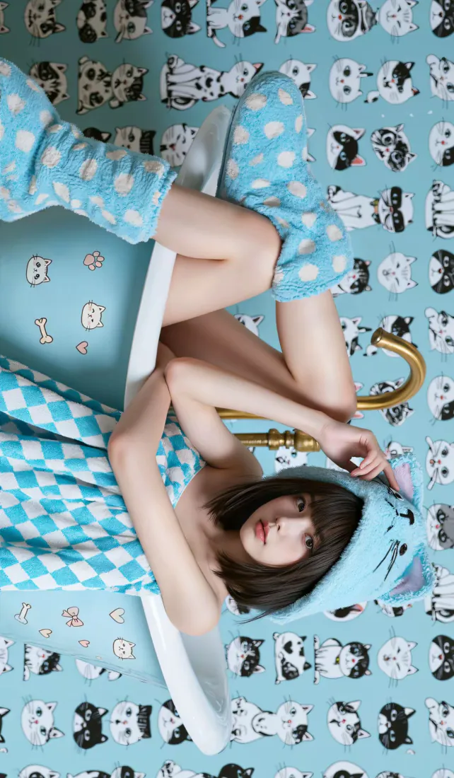清纯美女居家写真手机壁纸｜蓝色猫咪背景图片 - 可爱睡衣少女私房照「哲风壁纸」