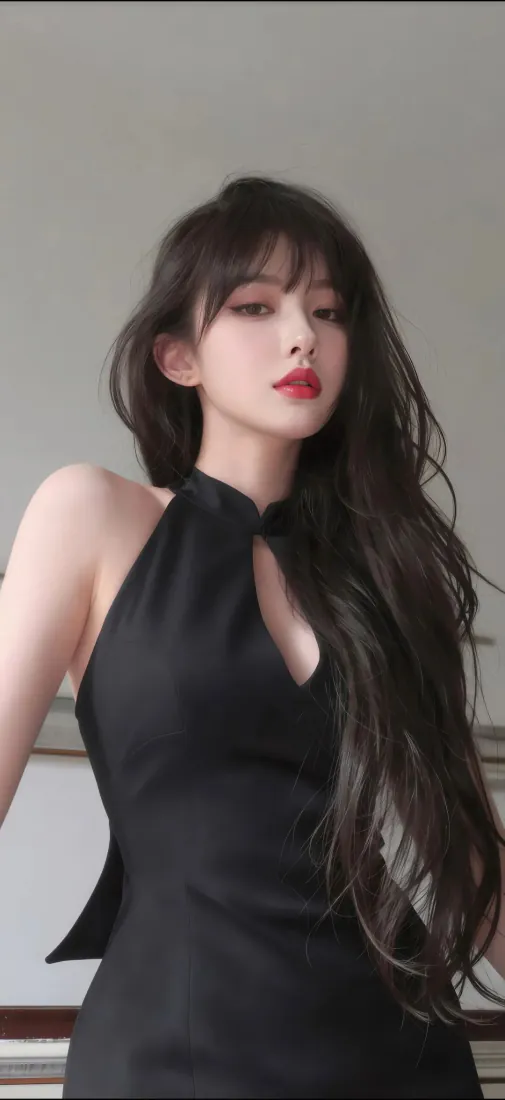 黑裙美女手机壁纸｜红唇长卷发背景图片 - 冷御氛围感人像「哲风壁纸」