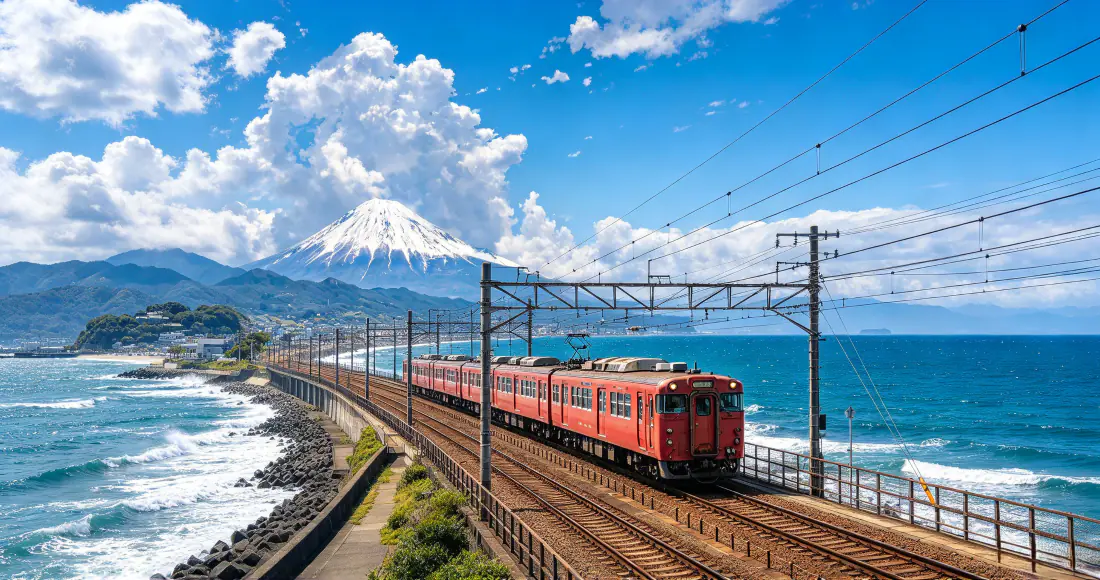 3k富士山红色列车壁纸｜海滨铁道背景图片 - 碧海蓝天夏日风景「哲风壁纸」