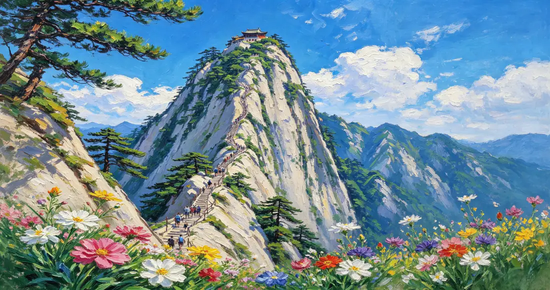 3k华山奇峰壁纸｜背景图片 - 花岗岩险峰青松野花蓝天「哲风壁纸」