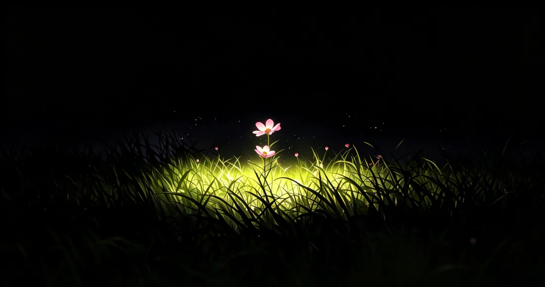 3k夜光照耀的粉色小花｜黑底治愈背景图片 - 暗调草地微光花朵「哲风壁纸」