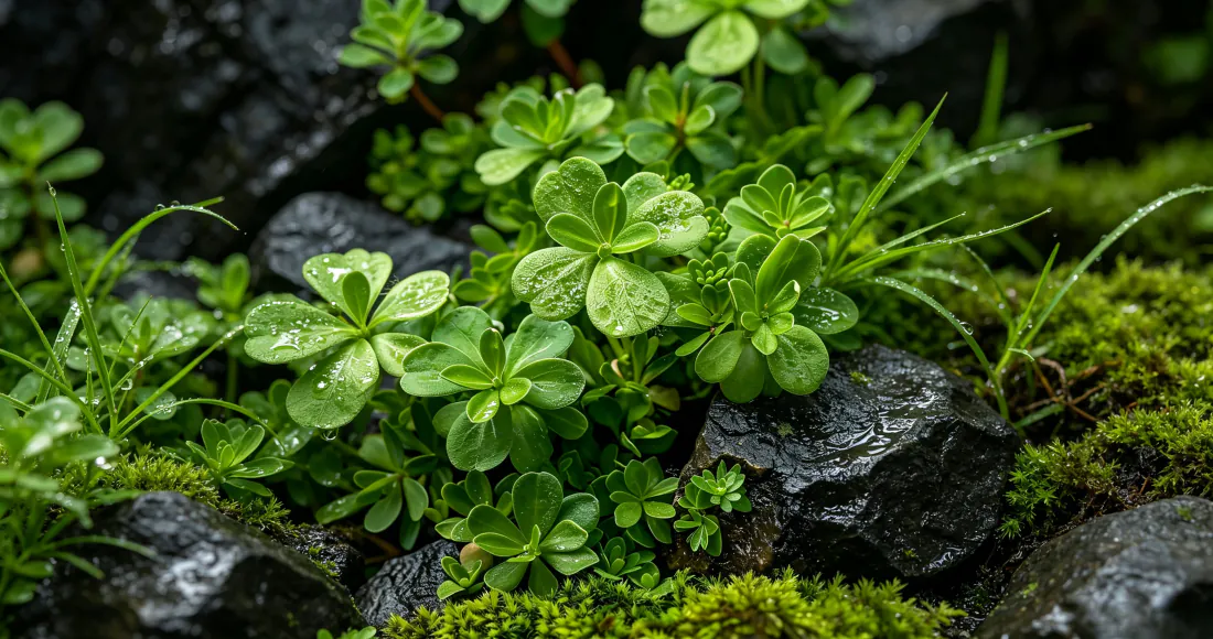 3k凹叶景天苔藓岩石壁纸｜清新绿色背景图片 - 雨后多肉野草微距「哲风壁纸」