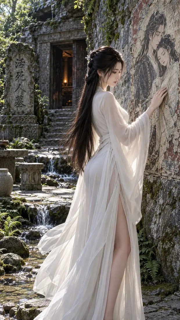 小龙女手机壁纸｜白衣古风背景图片 - 林间石屋清冷美人「哲风壁纸」