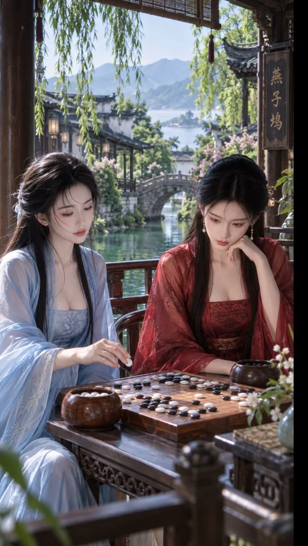天龙八部手机壁纸｜江南水榭古装双姝对弈背景图片「哲风壁纸」