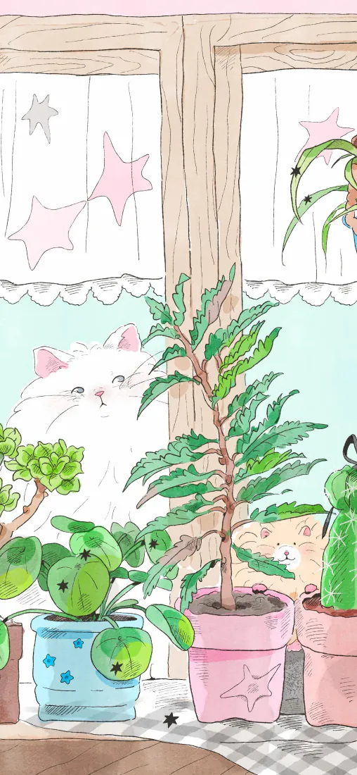 窗边绿植猫咪插画手机壁纸｜卡通背景图片 - 治愈盆栽「哲风壁纸」