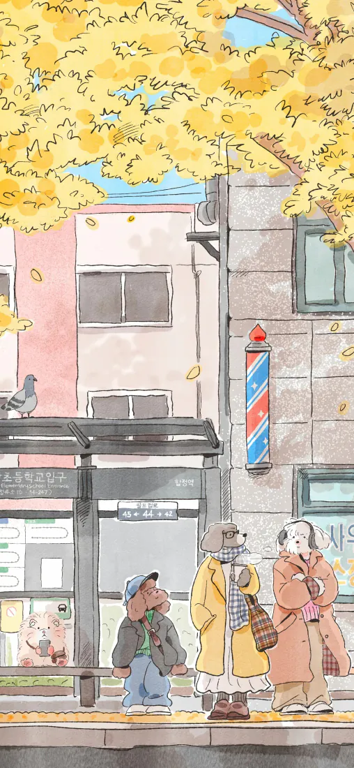 秋日萌犬街景手机壁纸｜银杏落叶背景图片 - 治愈卡通插画「哲风壁纸」