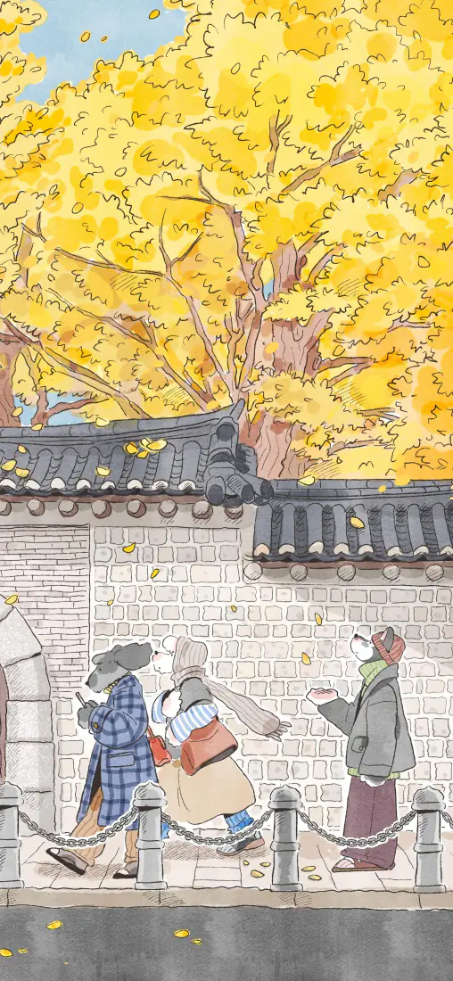 秋日街景卡通插画｜银杏古建背景图片 - 治愈系路人漫步「哲风壁纸」
