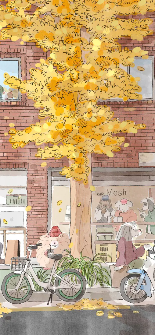 秋日银杏街景手机壁纸｜卡通插画背景图片 - 治愈街边小店自行车「哲风壁纸」