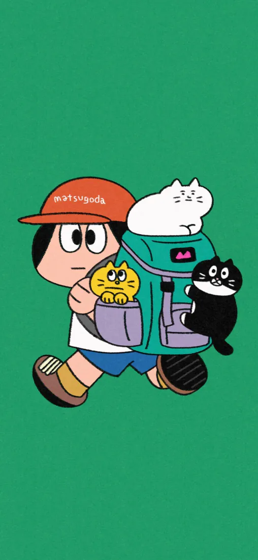 卡通男孩猫咪背包手机壁纸｜绿色背景图片 - 可爱旅行插画「哲风壁纸」