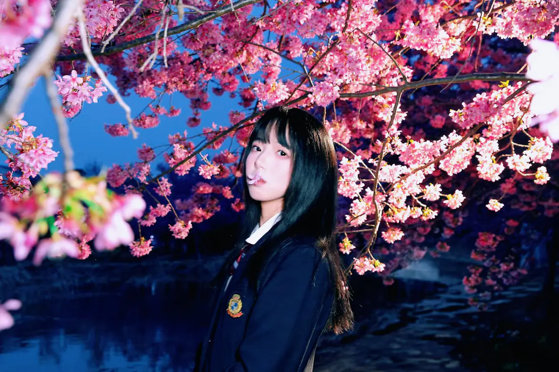 2kJK制服少女壁纸｜夜樱背景图片 - 花下黑直发女生写真「哲风壁纸」