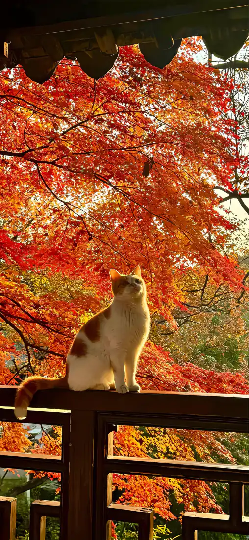 小猫手机壁纸｜红枫庭院背景图片 - 秋日暖阳猫咪静坐窗边「哲风壁纸」