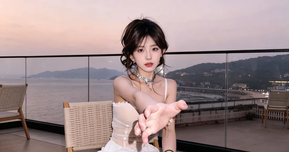3k海景露台美女壁纸｜黄昏海滨背景图片 - 白裙氛围感写真「哲风壁纸」