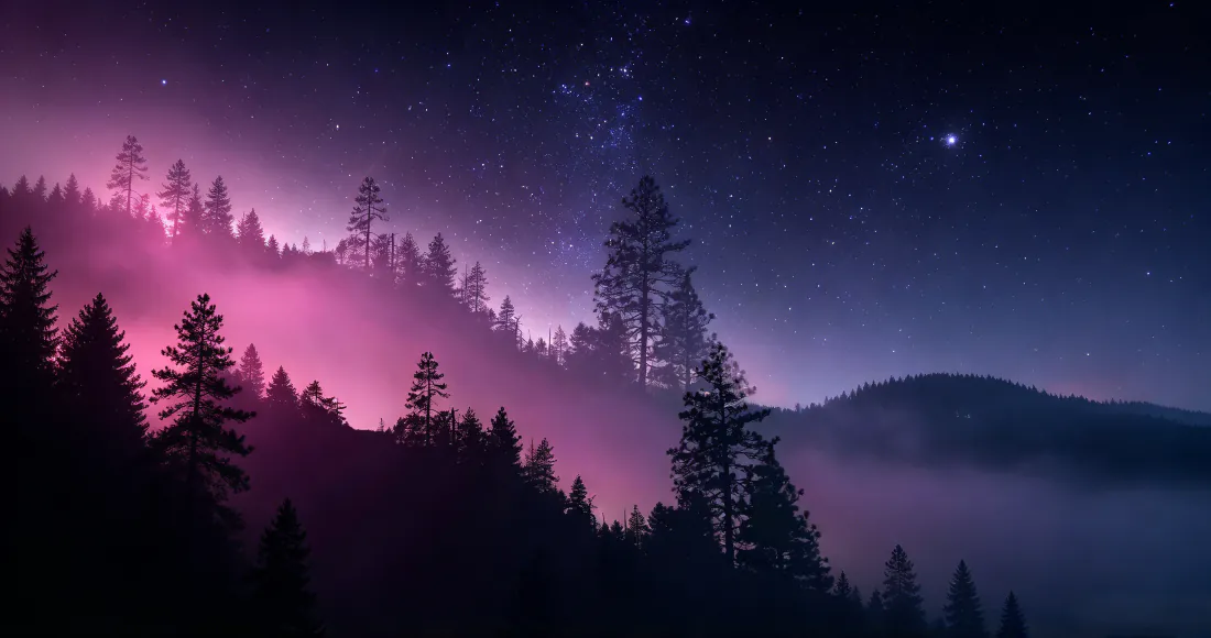 3k星空森林壁纸｜背景图片 - 粉紫夜空山林雾景「哲风壁纸」
