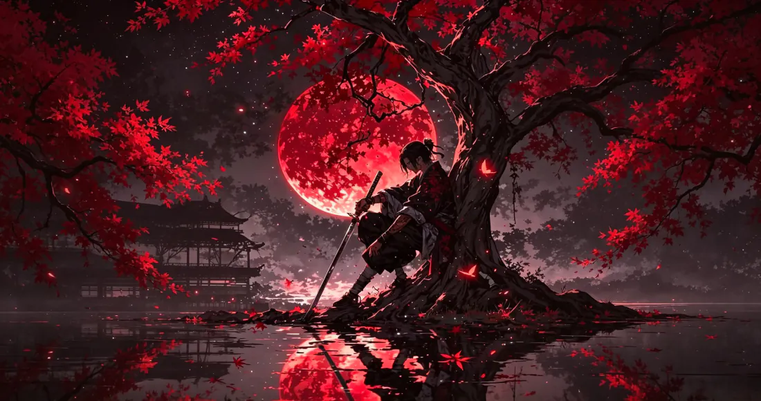 3k武士剪影壁纸｜血月樱花背景图片 - 暗夜红月剑客「哲风壁纸」
