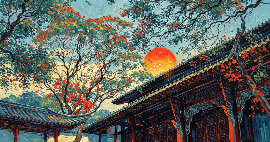 3k古建庭院夕阳花树油画风景｜中式背景图片 - 飞檐红柱暖日插画「哲风壁纸」
