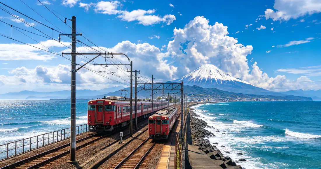 3k富士山海边铁路壁纸｜红色列车背景图片 - 日本海滨铁道风光「哲风壁纸」