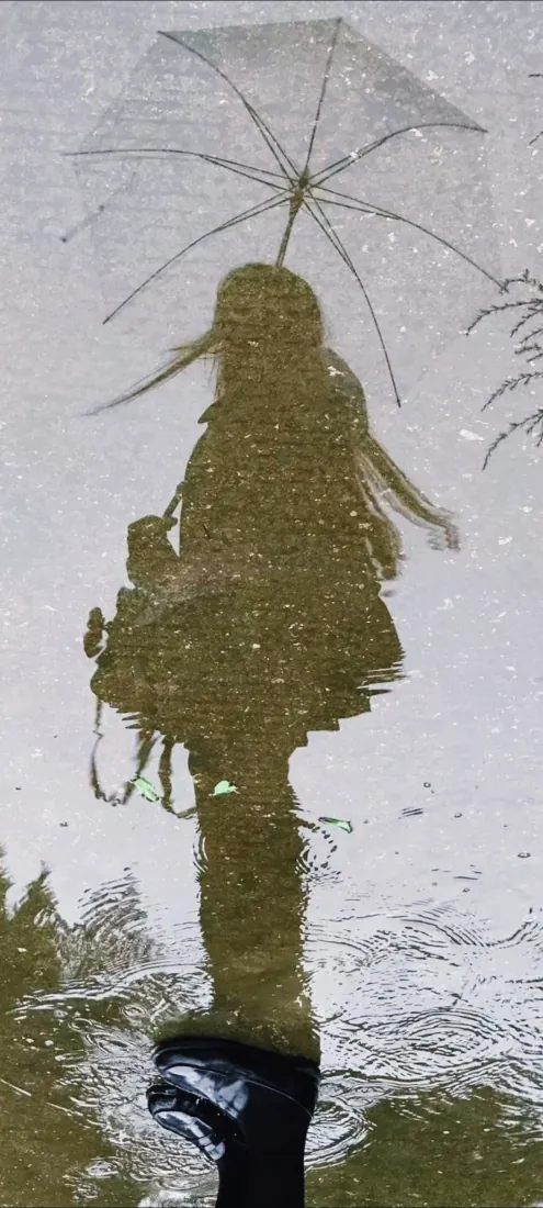 水洼倒影少女｜雨天背景图片 - 透明雨伞水洼倒影剪影「哲风壁纸」