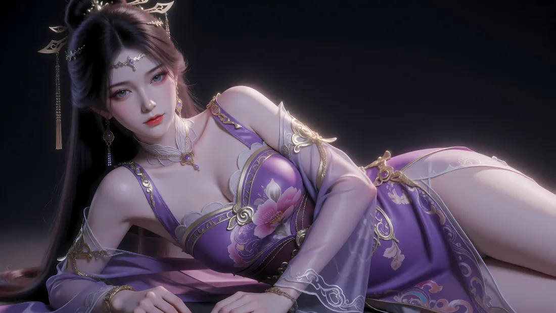 8k金瓶儿壁纸｜紫裙侧卧背景图片 - 诛仙合欢派古风美女「哲风壁纸」