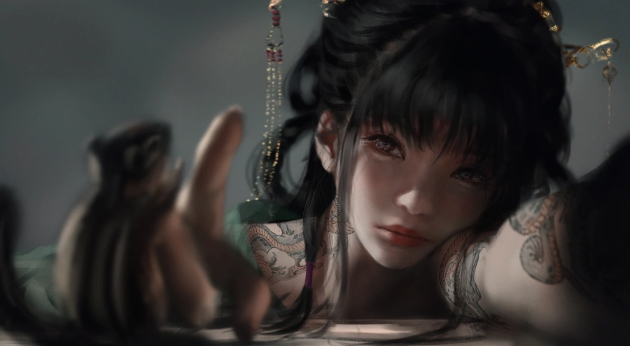 8k黑发壁纸 - WLOP壁纸 - 墨水女孩「哲风壁纸」