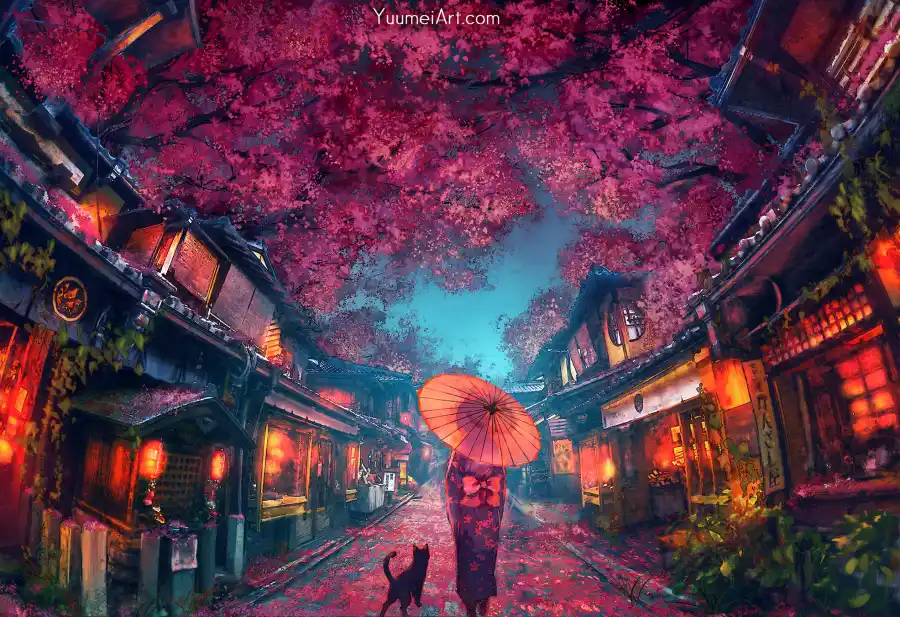 2k丝带壁纸-猫背景-《街道》背景-夜晚「哲风壁纸」