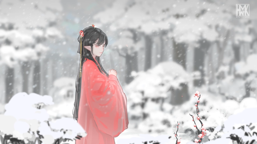 4k汉服壁纸-雪图片-《梅花》-尖耳朵「哲风壁纸」