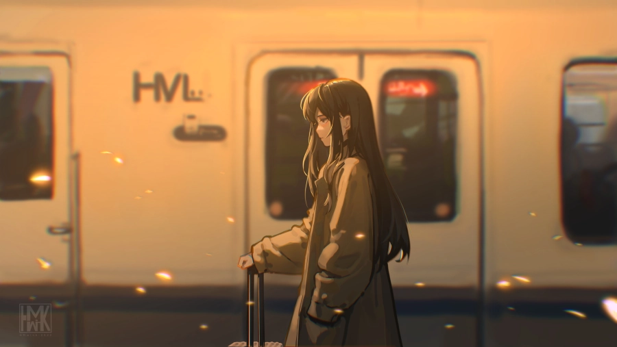 5k外套壁纸-长发背景-《火车站》背景-动漫女孩「哲风壁纸」